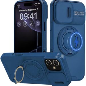 Shockproof Armor Phone Case with Magnetic 360° Ring Kickstand and Sliding Camera Protection - Blue