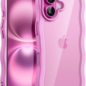 Wavy Case 6.1 Inch, Cute Wave Frame, Curly Shape, Clear Hard PC Back (Pink)
