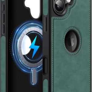 Leather Case with Logo View 6.1 Inch, Magnetic Mobile Phone Case Compatible with MagSafe, Thin Classic Elegant Case, Green