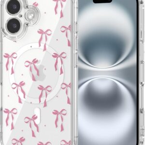 Magnetic Case Compatible with MagSafe Cute Bow Transparent Thin Case Camera Protection Shockproof Protective Case - Pink
