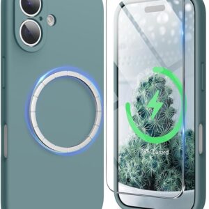 Silicone Case 6.1 Inch for MagSafe with Screen Protector & Full Camera Protection, Shockproof Mobile Phone Case for Magnetic All Accessories, Cactus Green